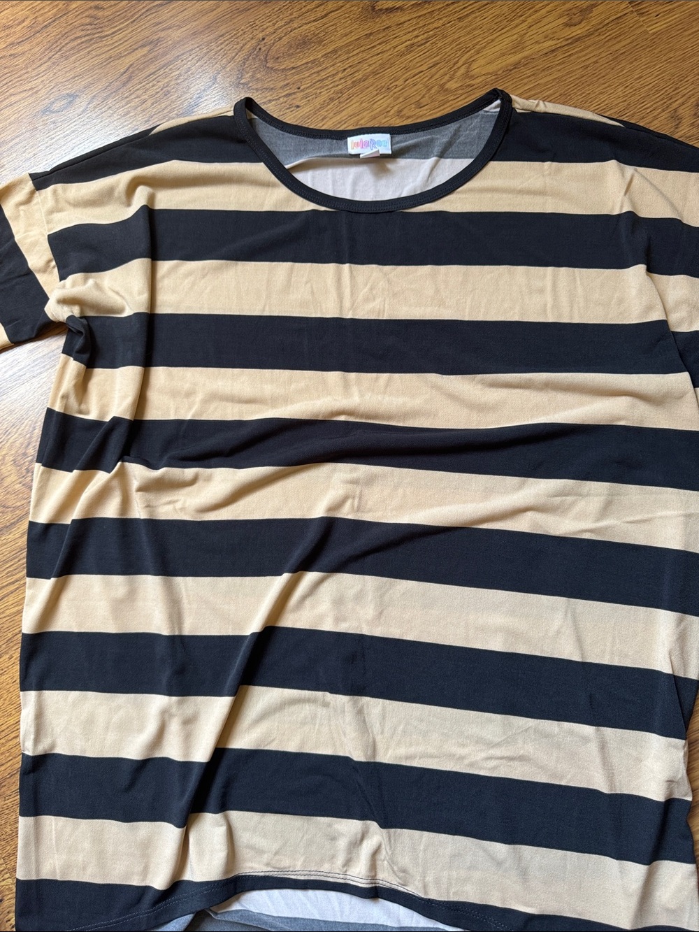 LuLaRoe Black and Tan Striped Crewneck Tee